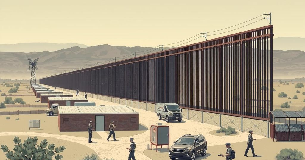 Illustration depicting a border wall with law enforcement presence and detention facilities in a stylized, muted color scheme.