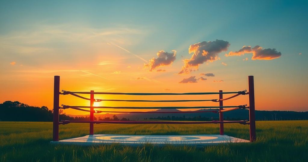 A serene landscape with a boxing ring at sunset, symbolizing remembrance and honor for a fallen athlete.