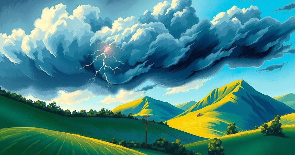 A vibrant depiction of varied weather in Ghana, showcasing storms in the south and sunshine in the north.