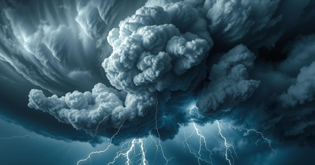 Severe thunderstorm cloud formation with dark skies and lightning in a stormy landscape.
