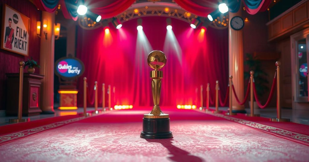 A trophy glimmers on a red carpet with colorful lights, representing the prestigious film award ceremony atmosphere.