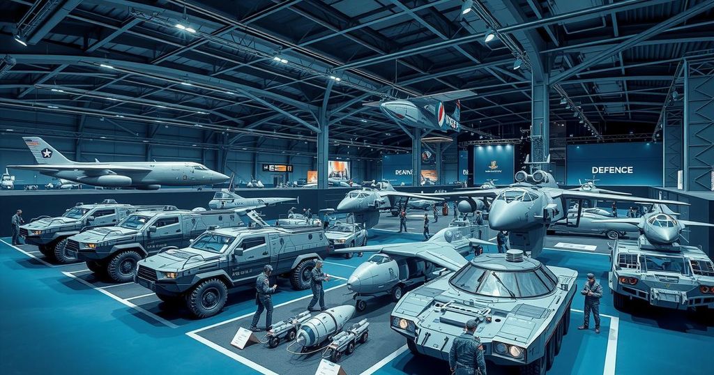 A panoramic view of an exhibition center showcasing advanced military technology and defense equipment.