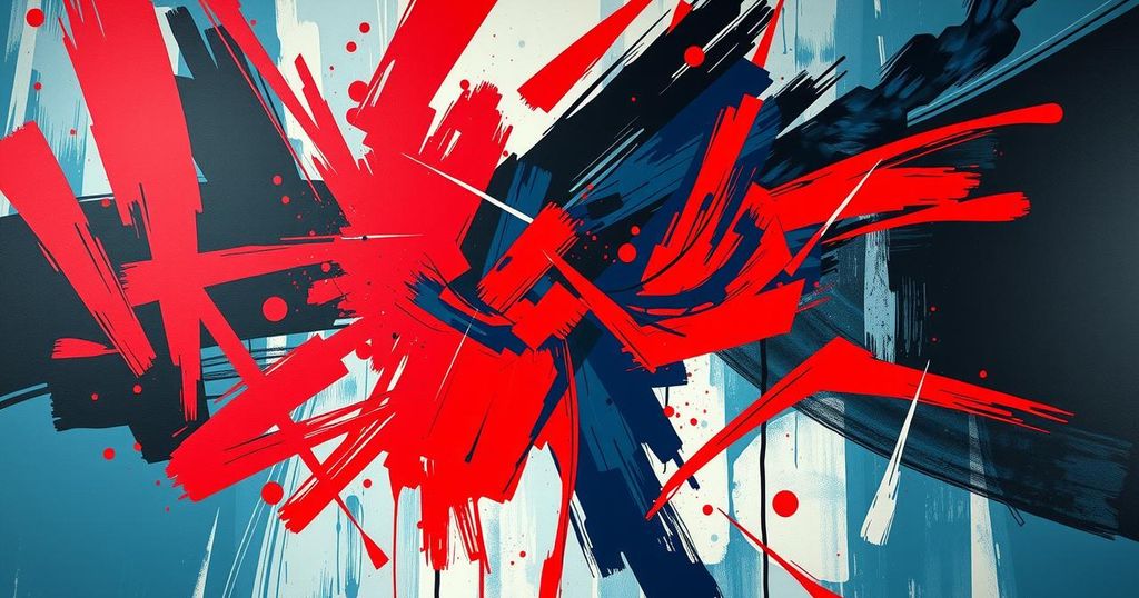 An art piece depicting a colorful, abstract representation of conflict and tension, reflecting strong emotions.