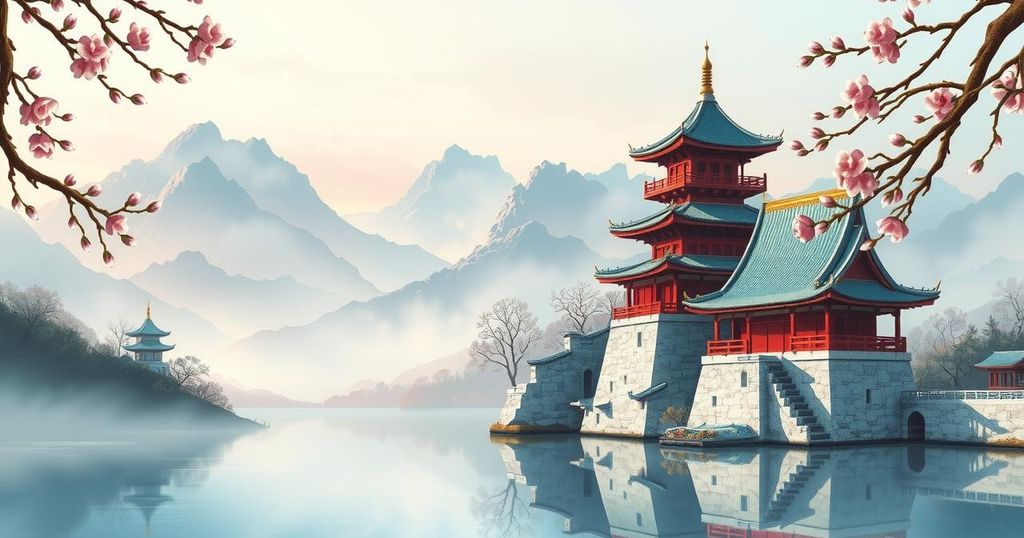 A serene Chinese landscape depicting mountains and traditional architecture, using soft pastels and serene tones.