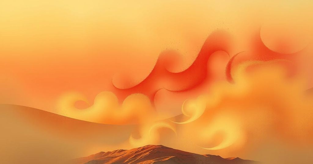A depiction of a hazy sky over Kuwait with swirling dusty winds and a color palette of warm reds and yellows.