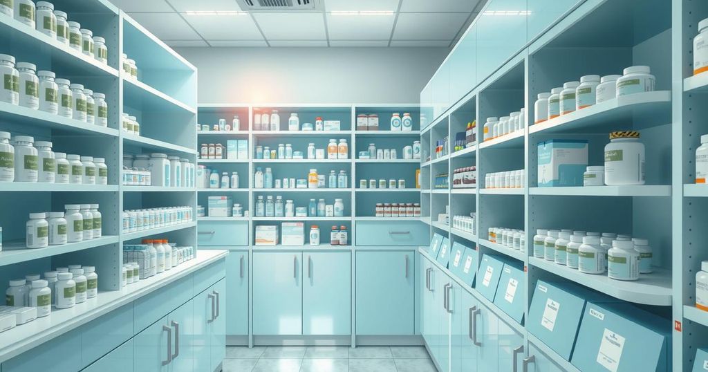 A serene landscape depicting a pharmacy with organized medications in a harmonious color palette, representing regulation.