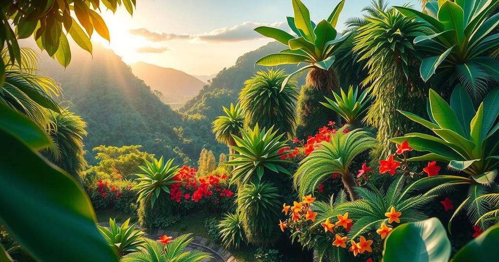 A serene landscape of Brazil, featuring lush greenery, vibrant flowers, and a clear blue sky, embodying cultural beauty.