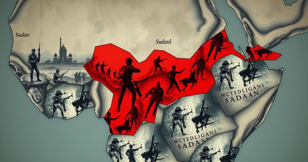 A map of Sudan highlighting conflict areas with dark tones, depicting turmoil and unrest in the region.