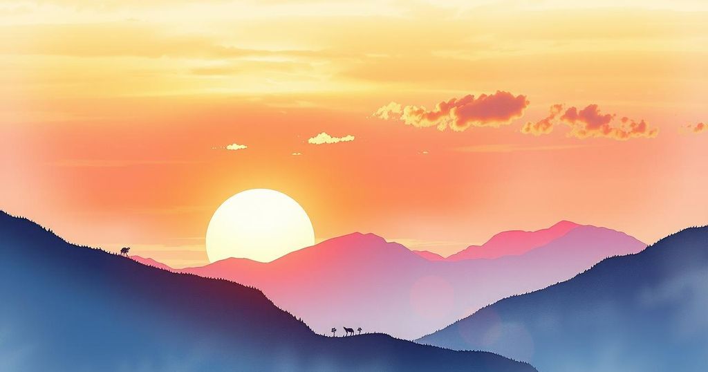 A vibrant sunset over peaceful mountains symbolizing hope and refuge.
