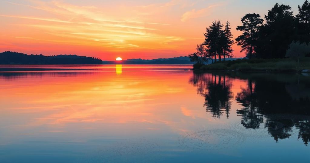 A serene landscape depicting a sunset over a tranquil lake, with vibrant colors and soft reflections.