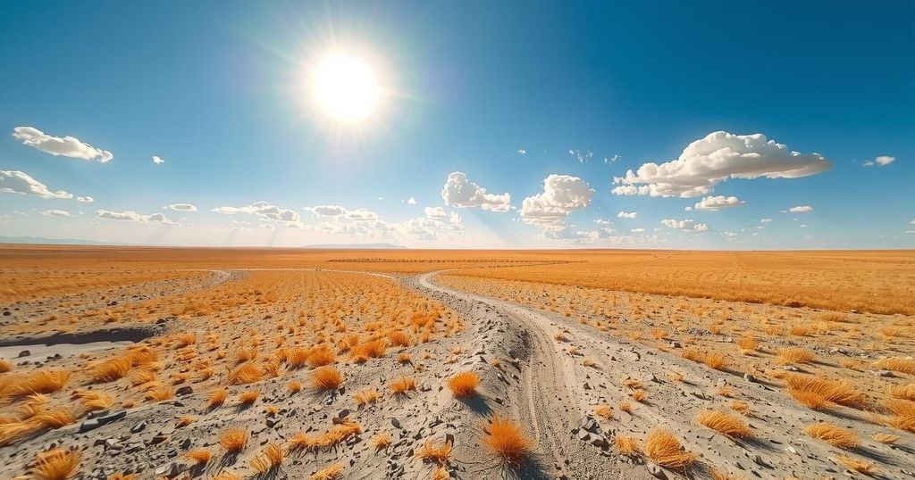 Heatwave scene with sun shining brightly over a vast Kazakhstan landscape featuring dry fields and clouds.
