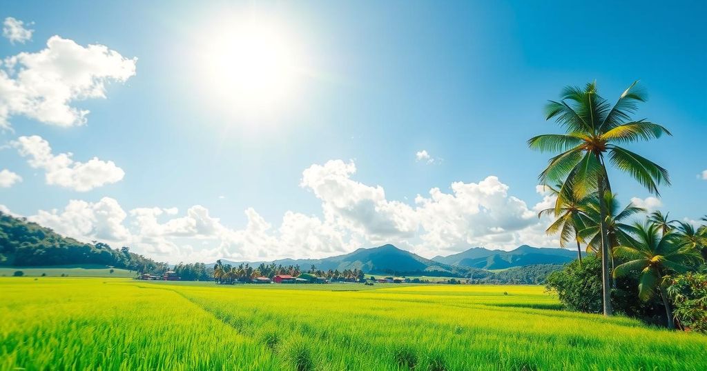 Bright sunny landscape with clear skies and gentle white clouds, capturing a hot and breezy day.