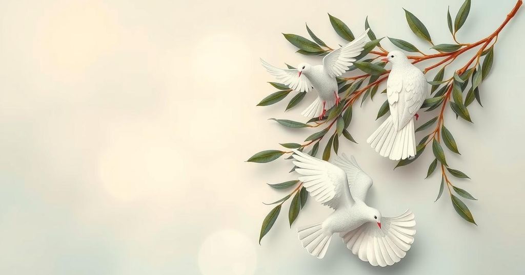 Conceptual depiction of diplomacy and ceasefire, featuring a symbolic olive branch and doves on a peaceful backdrop.