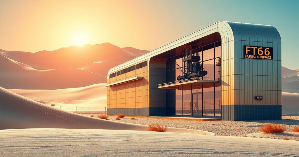 Modern fabrication facility against a backdrop of a desert landscape, showcasing advanced technology and industrial architecture.