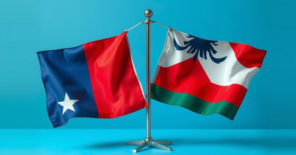 Two flags crossed, symbolizing U.S.-China trade talks, with a blue and red color scheme.