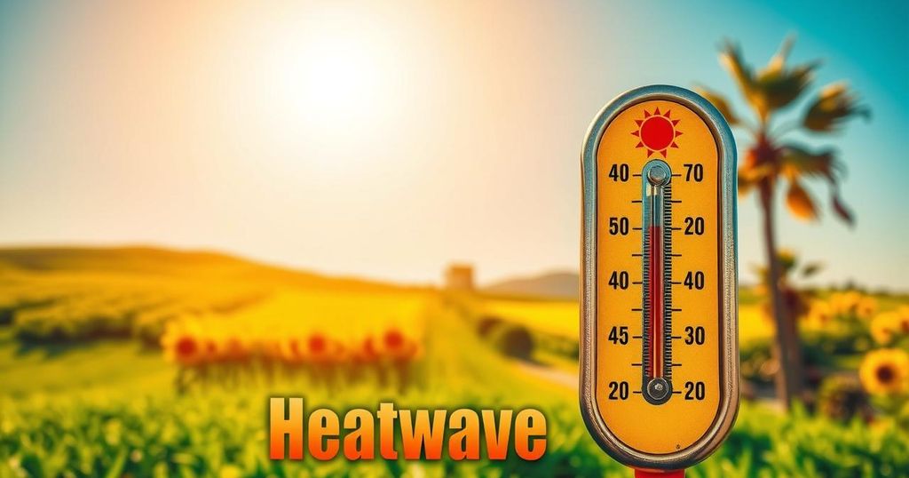 A heatwave warning sign with a sun symbol and thermometer, illustrating extreme heat conditions in a summer landscape.