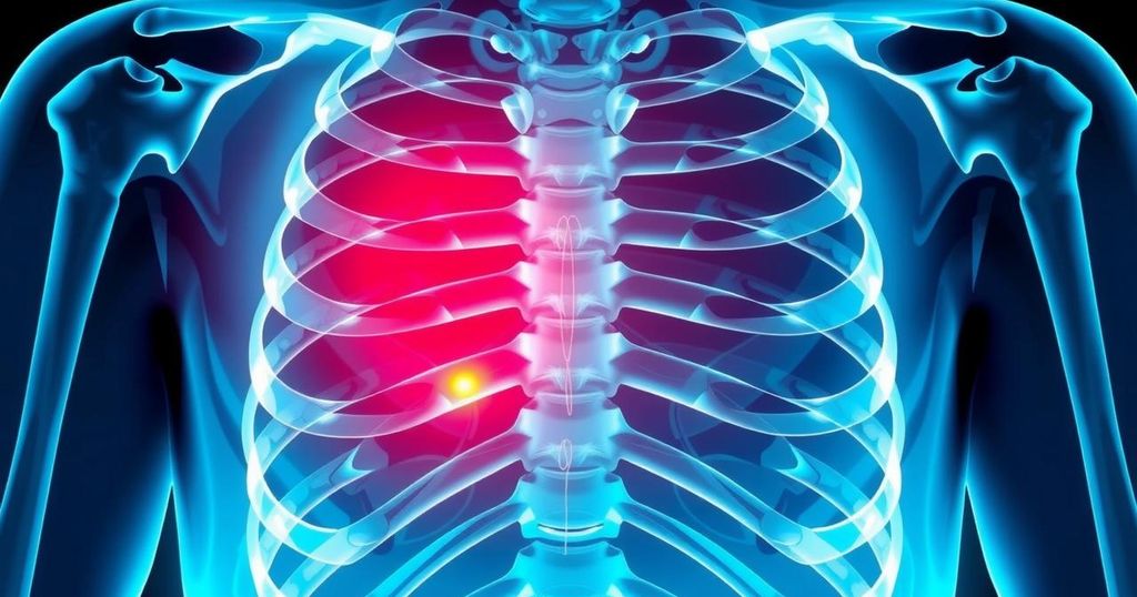 A broken rib x-ray with a highlighted area indicating injury, emphasizing the importance of care and recovery.