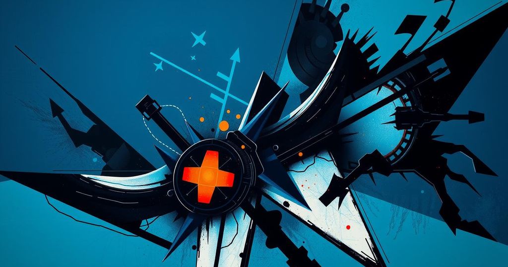 An abstract representation of geopolitical tensions with dark colors and sharp contrasts representing conflict.
