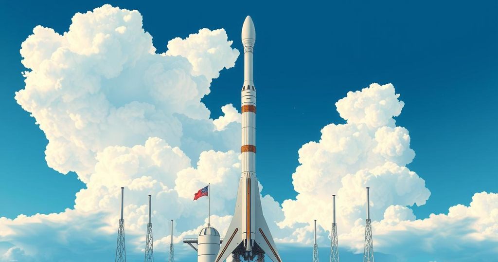 A SpaceX Falcon 9 rocket poised for launch with dynamic clouds and blue skies in the background.