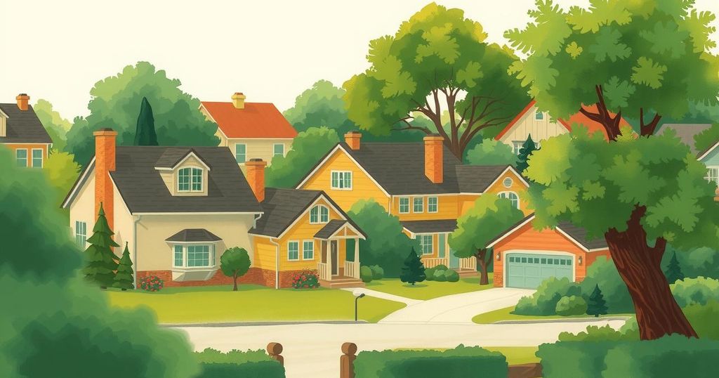 An abstract illustration of a neighborhood scene with houses, surrounded by shades of green and yellow.