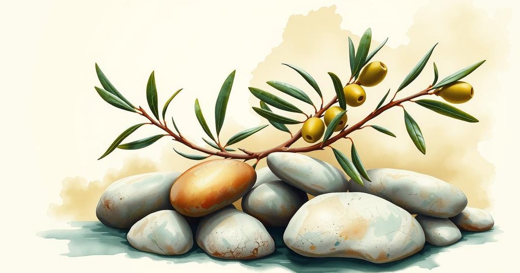 Symbolic representation of peace agreement between countries, featuring olive branches, shaking hands, and a map outline.