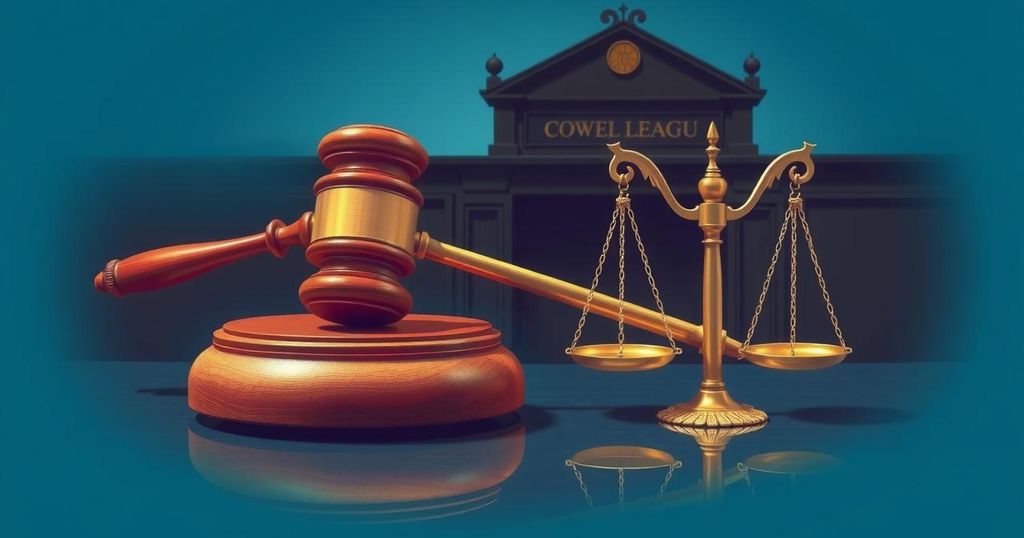 A gavel and scales of justice against a blue background symbolizing law and justice in a courtroom setting.