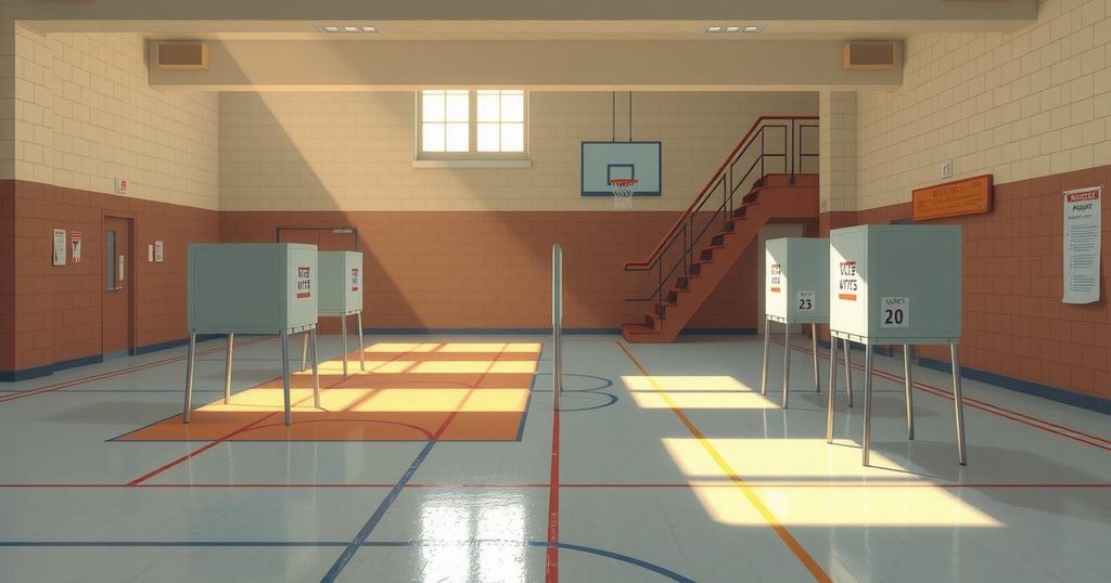 A calm polling station inside a school with voting booths and signage present.