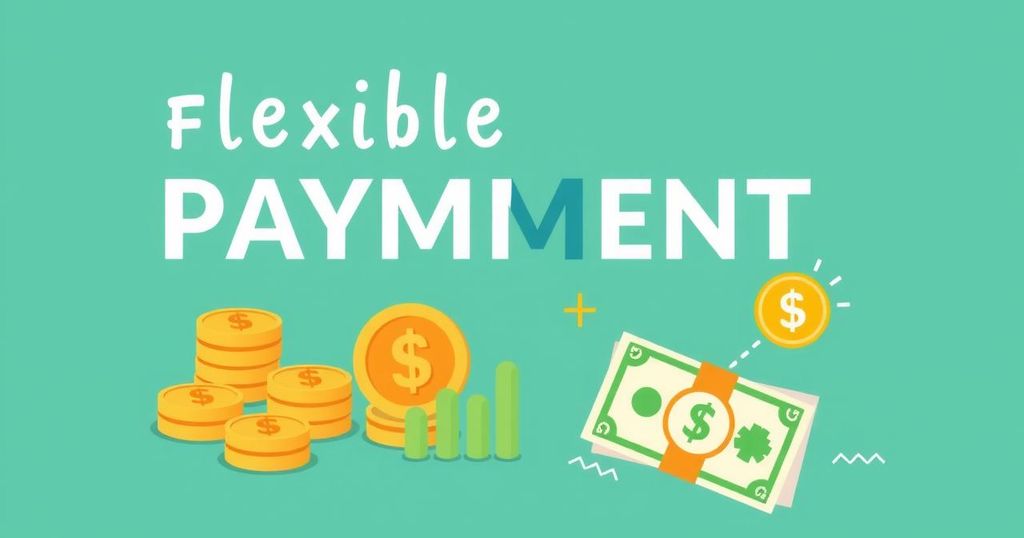 A graphic representation of a flexible payment scheme with coins and bill icons, symbolizing installment plans in bright colors.