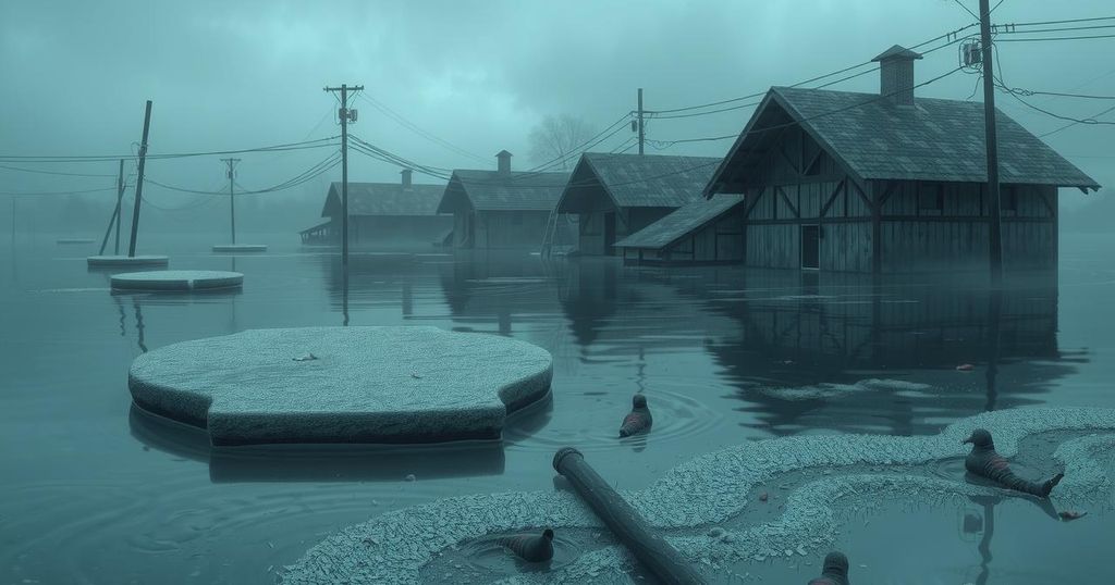 A serene landscape of a flooded area with submerged structures and displaced debris under a gray sky.