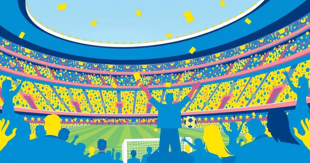 Vibrant soccer scene with a stadium filled with fans in blue and yellow, capturing the excitement of a match.