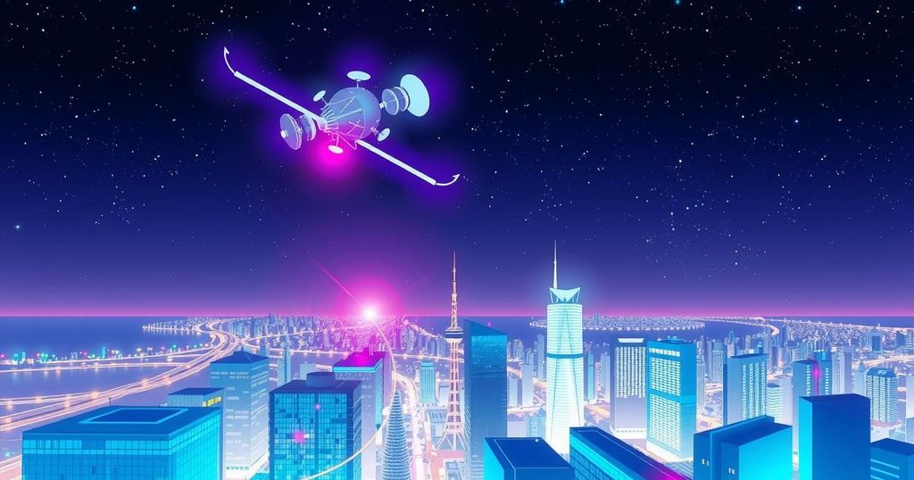 A digital illustration of satellite communication above a vibrant cityscape, highlighting internet connectivity potential.