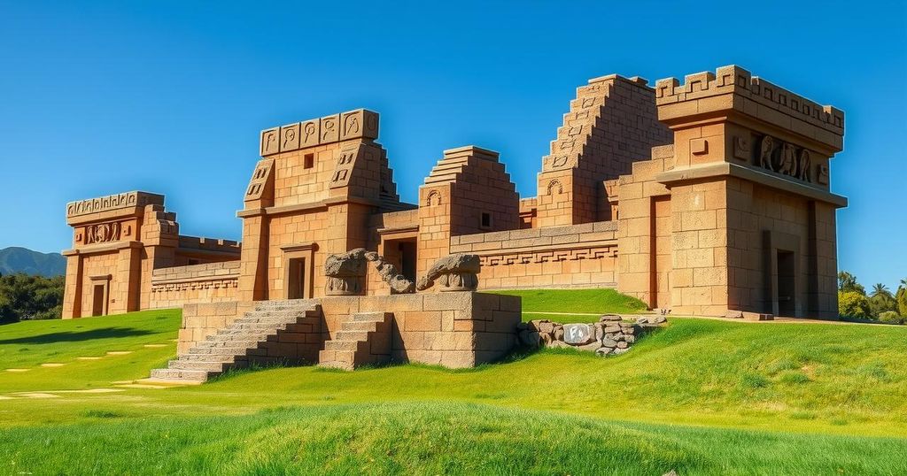 Panoramic view of ancient Tiwanaku ruins under clear blue sky, showcasing stone carvings and lush greenery.