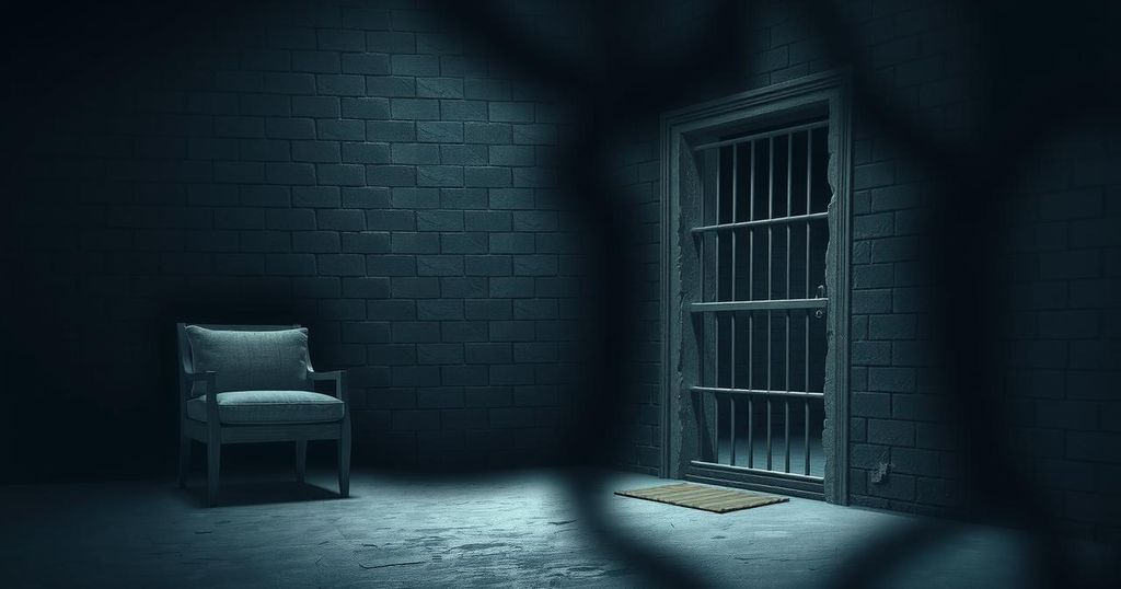 A somber scene depicting a prison cell with a dim light, emphasizing the focus on accountability and justice.