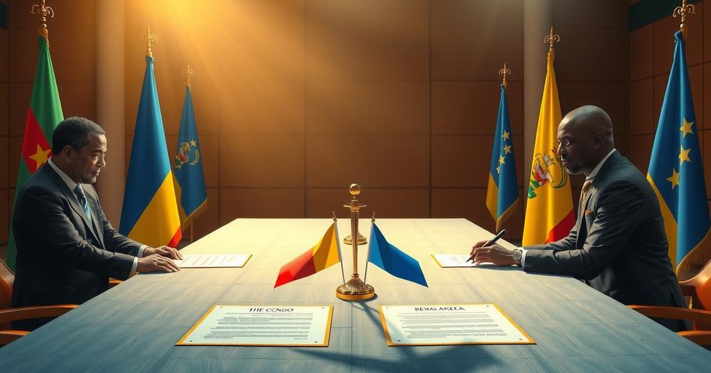Congo and Rwanda peace agreement ceremony with flags and officials in the background, reflecting hope and diplomacy.