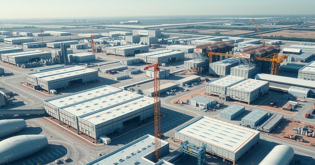 Industrial factory complex with large structures and site expansion, showcasing construction and collaboration efforts.