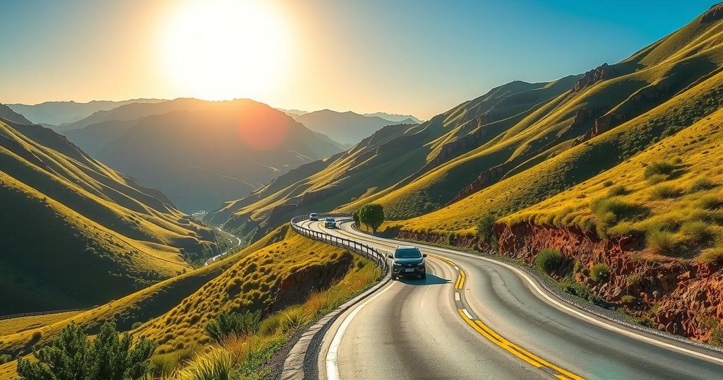 A scenic Moroccan road surrounded by mountains and greenery, conveying festive travel for Eid Al Adha in a vibrant color palette.