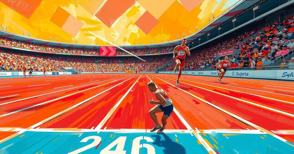 A vibrant racetrack scene featuring lanes, a finish line, and the thrill of a track meet atmosphere.