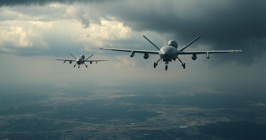 Aerial view of military drones flying over a landscape symbolizing conflict and negotiations.