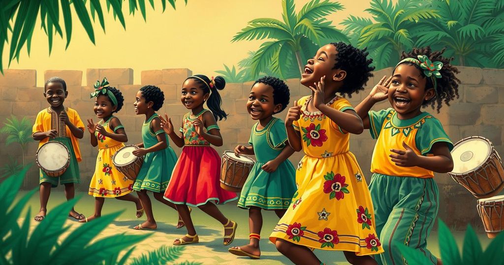 Vibrant scene showcasing traditional drumming and dancing in Togo, with children celebrating cultural heritage.