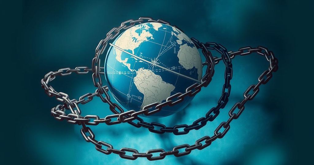A conceptual art piece illustrating a globe with barriers, symbolizing travel restrictions and global division.