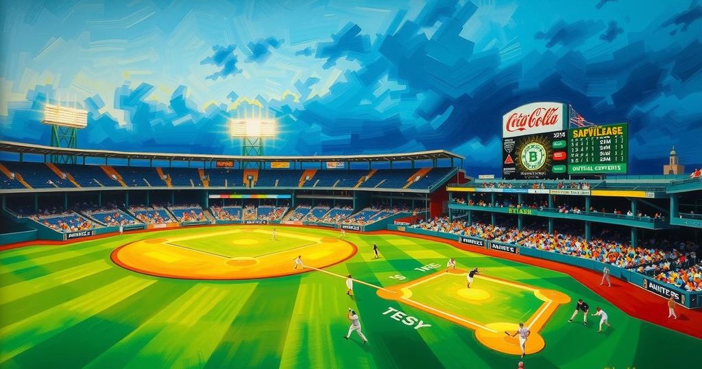 A vibrant baseball park scene at twilight with stadium lights and a dynamic atmosphere.