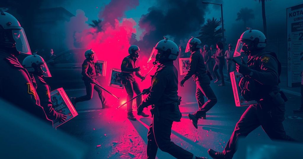 A dramatic view of a protest scene in Nairobi, featuring riot-control officers, vivid colors, and an intense atmosphere.