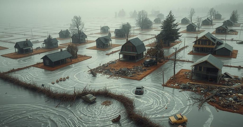 A devastated landscape after flooding in a region, showing damaged houses, debris, and turbulent water.