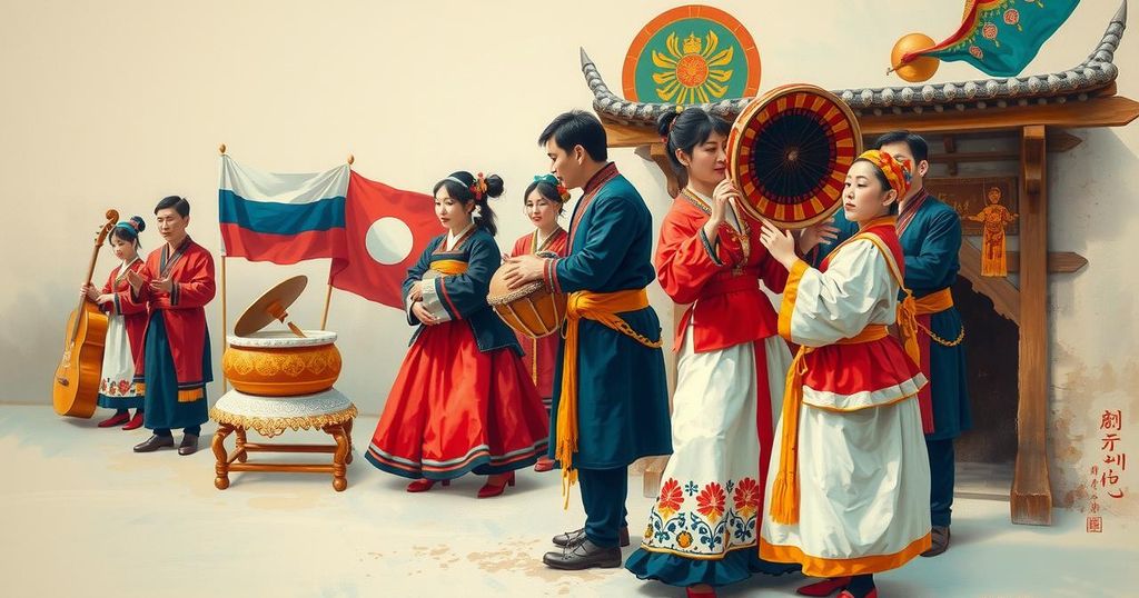 Cultural exchange between Russia and North Korea with traditional performance elements