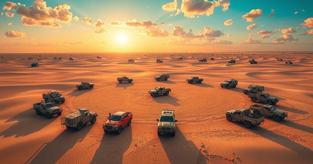 Military transition scene showcasing armored vehicles and flags in a desert landscape under a blue sky.