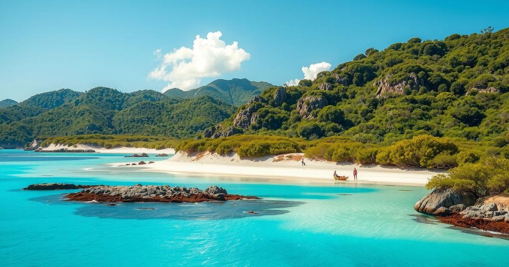 Montebello Islands landscape showcasing lush greenery, sandy beaches, and calm waters under bright sunshine.