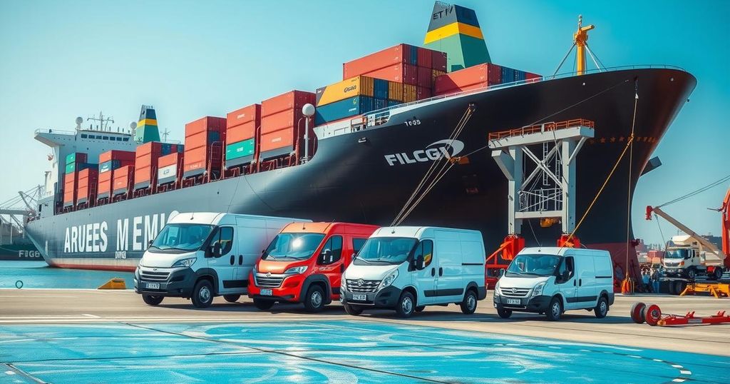 Electric vehicles being loaded onto a large ship for shipment to Brazil, showcasing a bustling port scene.