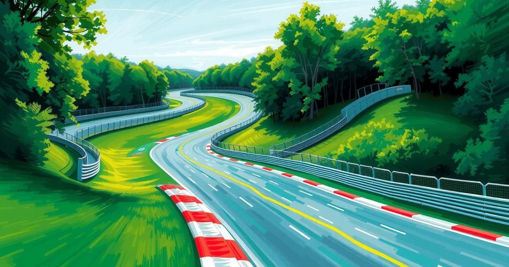 A scenic view of a racing circuit surrounded by hills in a vibrant color palette, capturing excitement and anticipation.
