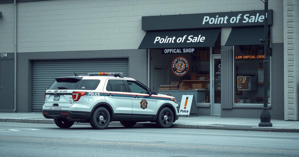 A police vehicle parked outside a Point of Sale shop, showcasing a law enforcement presence.