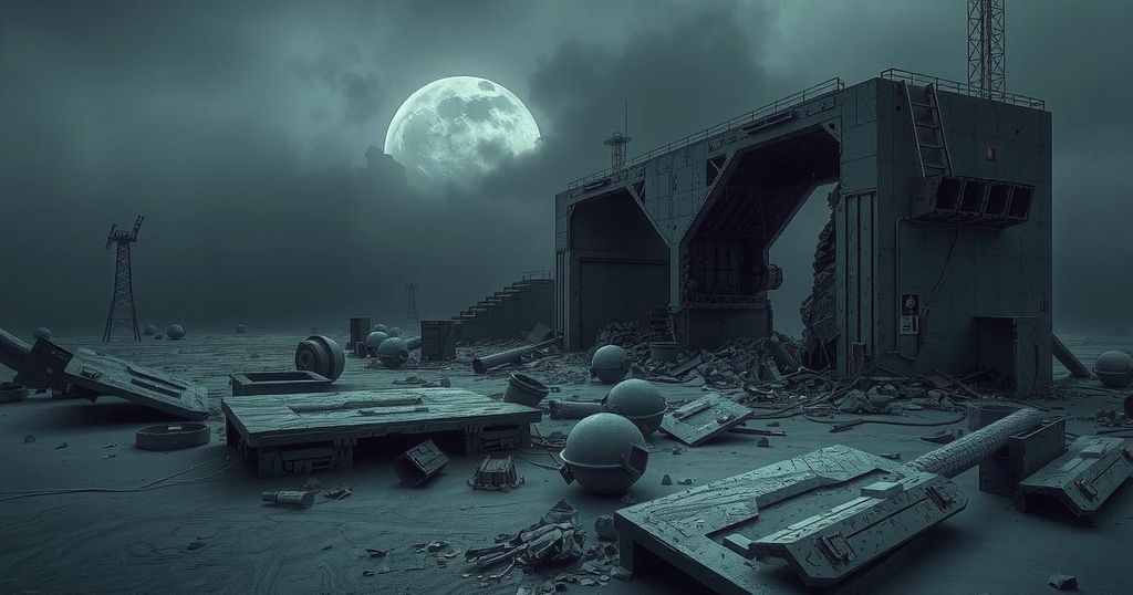 A strong representation of military strategy, showcasing a barren landscape with debris. Dark tones dominate the scene.